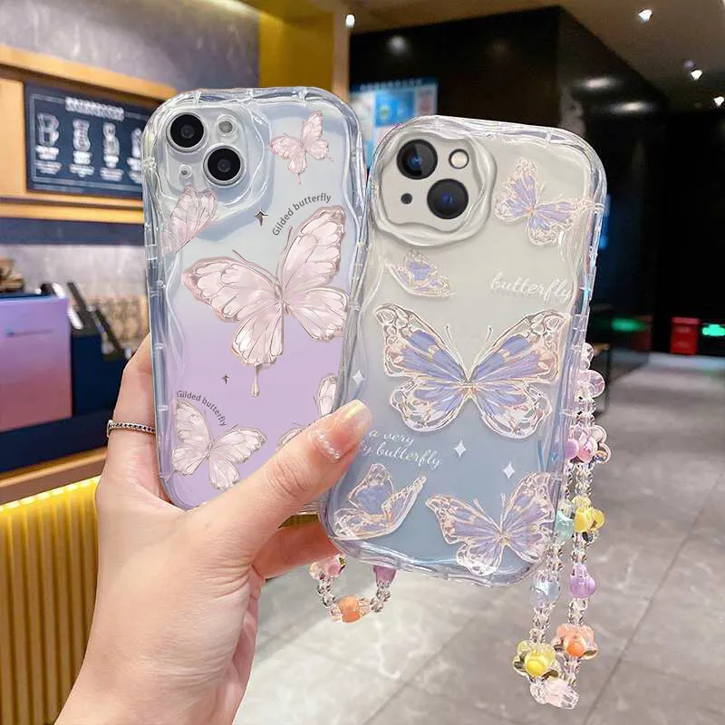 Чехол-цепочка с градиентом бабочки и цветка для Xiaomi POCO X5 X3 X6 Pro C65 X4 NFC GT F3 F4 M3 M4 M6 F6 Pro 12 11 Lite 5G NE 12T 14