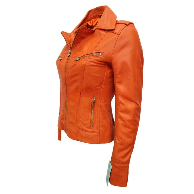 Chaqueta de piel de cordero auténtica para mujer, abrigo naranja con cremallera para motorista, superventas