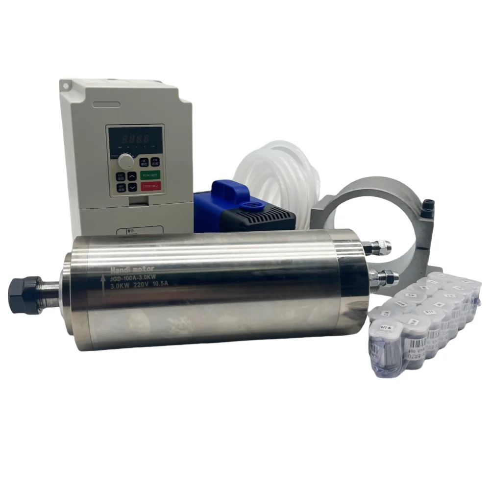 JGD-100A-3.0KW Water Cooled Spindle Kit 100mm 3KW Spindle Motor Inverter/VFD Engraving Machines 100mm Clamp 13pcs ER20 Collets