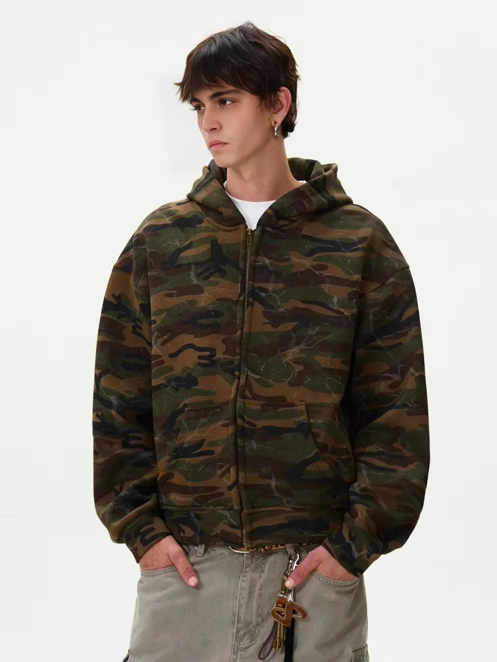 Tung Sung Vintage Corrugated Washed Camouflage Hooded Jacket Harajuku Streetwear Zip Up Hoodies