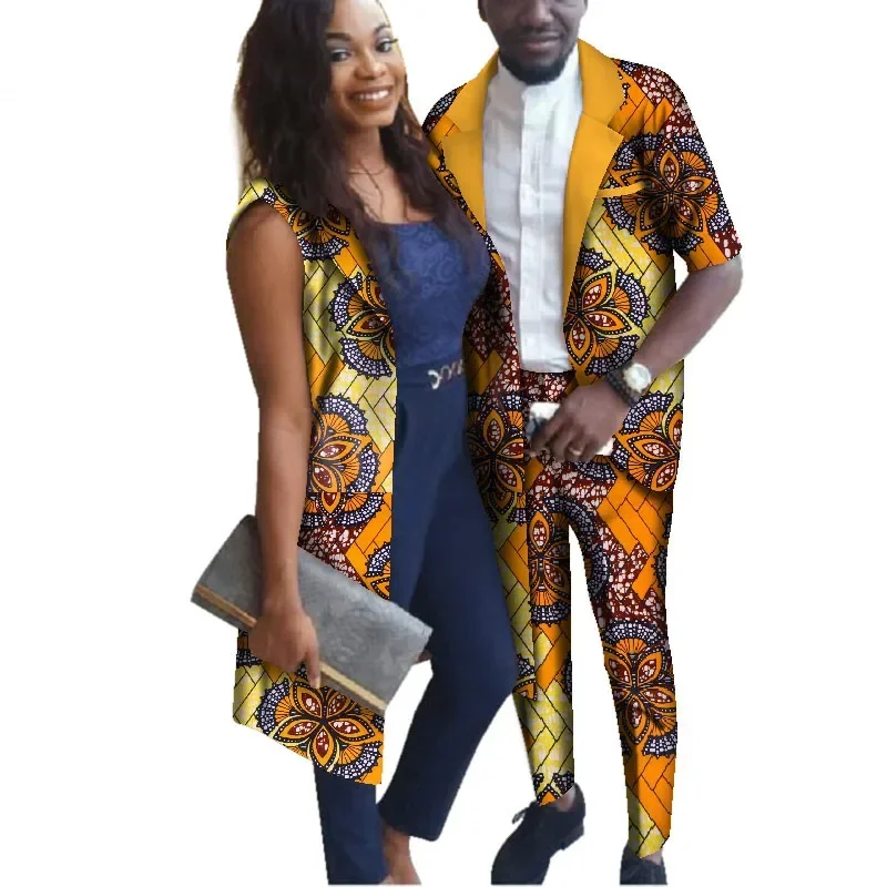 African Couple Clothes Woman Long Vest and Man Suit Set African Print Cotton Couples Matching Clothing for Lover WYQ153