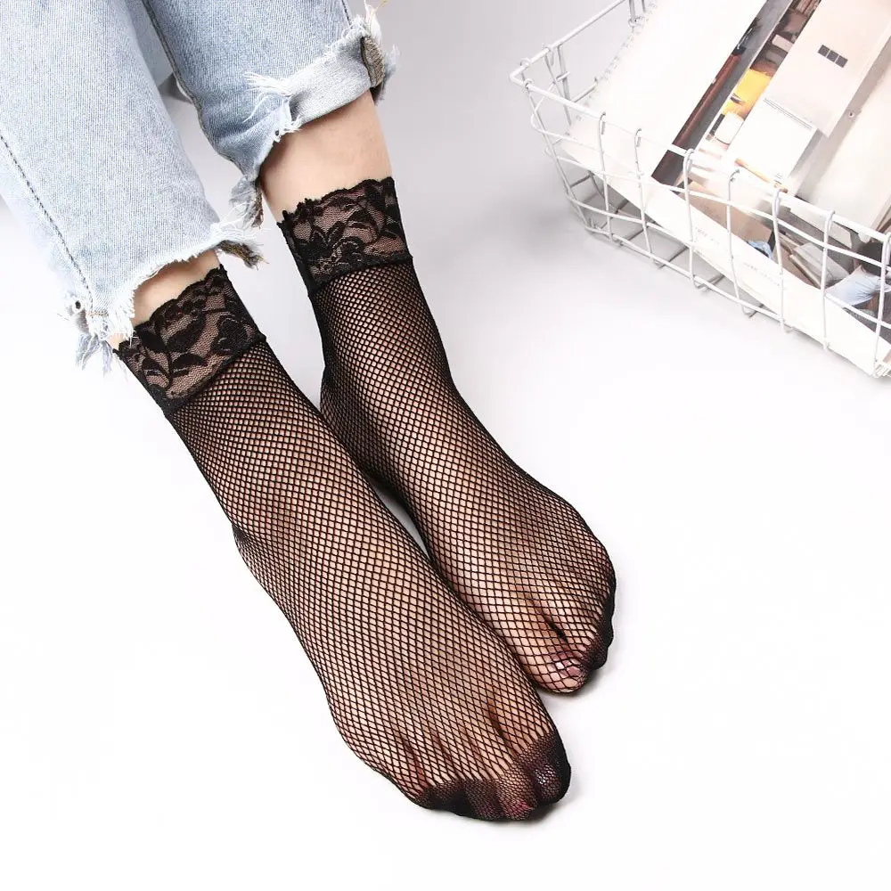 ホットセール カジュアル ラッフル セクシー レディース ストッキング ブラック メッシュ 女性用 ショートソックス フットレースソックス