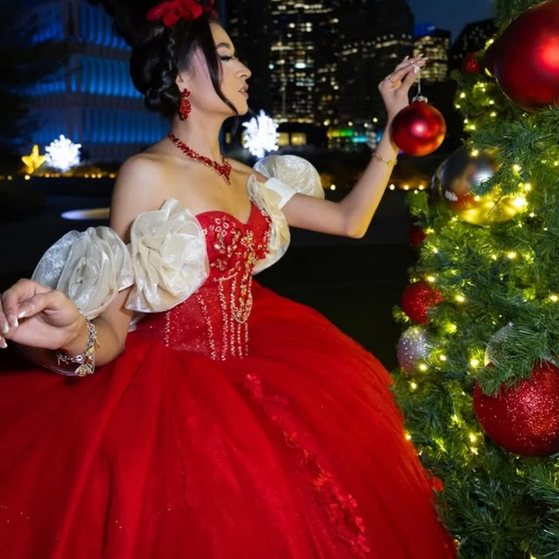 

Красное платье Quinceanera с золотым блеском и кристаллами, длинный хвост с открытыми плечами, 3D цветок, Vestidos De 15, Quinceanera ﻿ Настроить