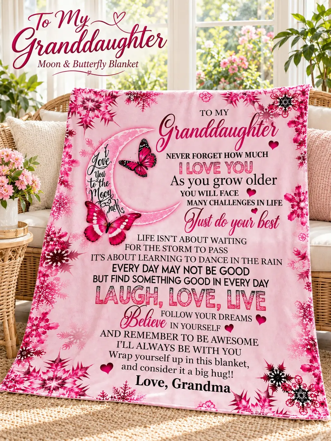 Granddaughter Flannel Blankets & Throws Moon Butterfly Snowflake Encouragement Message Gift From Grandma for Christmas Birthday Thanksgiving Anniversary Couch Bed Bedroom Winter Home Travel Office Dorm Camping Holiday Keepsake Family Present