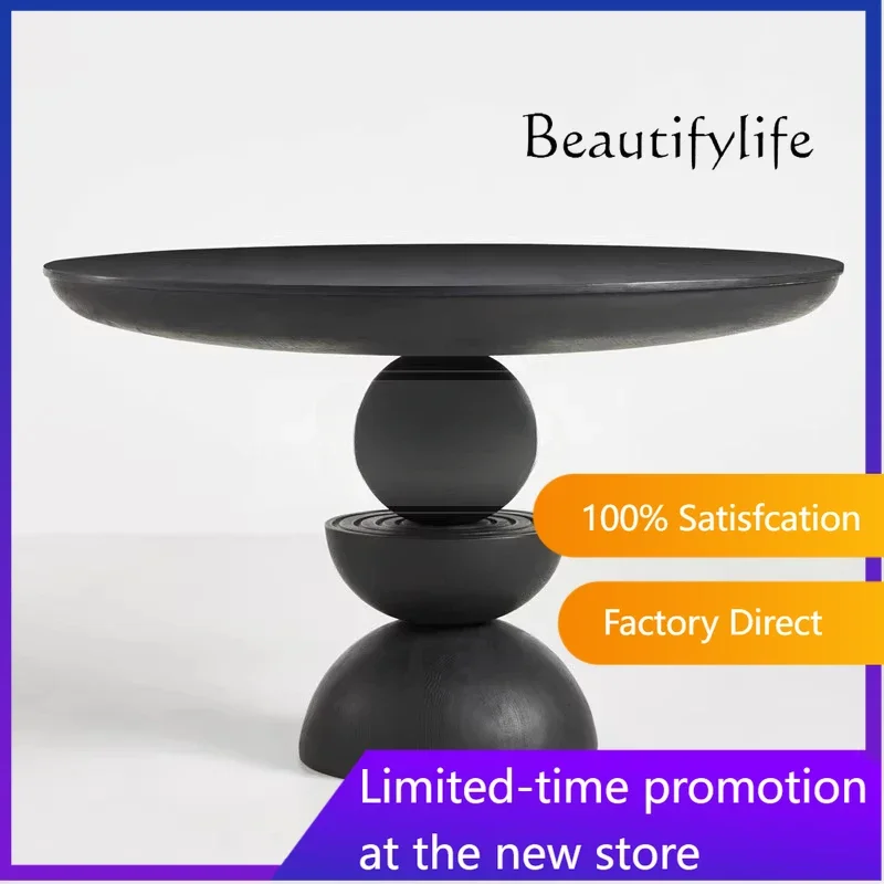 N Retro ivory white dining table round black modern simple hotel clubhouse negotiation table
