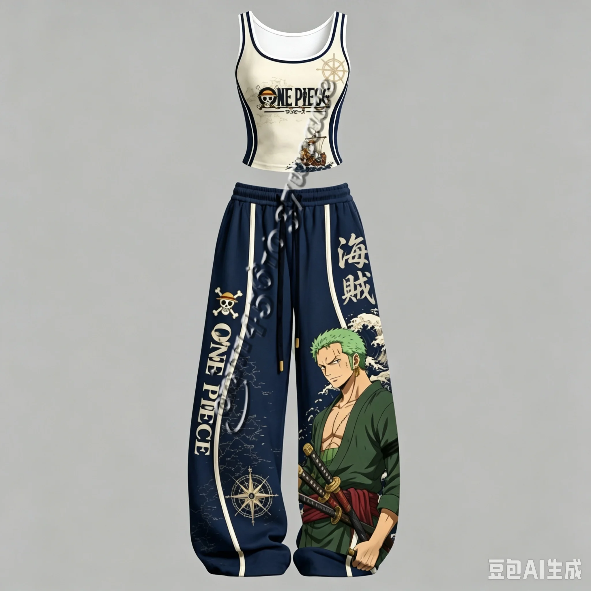 New One Piece Luffy Zoro Robin Series Character Tank Top Wide Leg Pants Set Street Unisex Anime Peripheral Outfit FamilyMatching