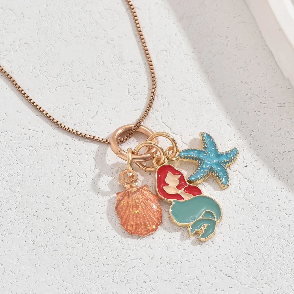 Multi Color Epoxy Kids Cute Pendant Necklace Starfish Heart Shell Conch Rainbow Charms Necklace Mermaid Tail Jewelry Girls Gift