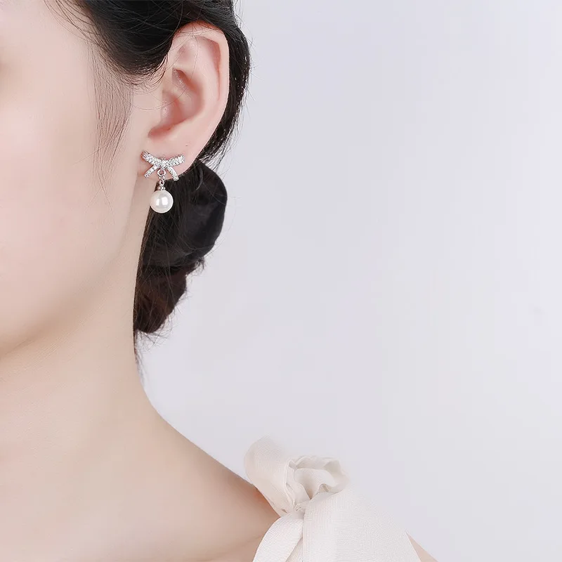 Women's New Fashion Cute Bowknot Drop Earrings Shiny Crystal Pearls Dangle Piercing Wedding Earring Stud Romantic Ear Jewelry image 3