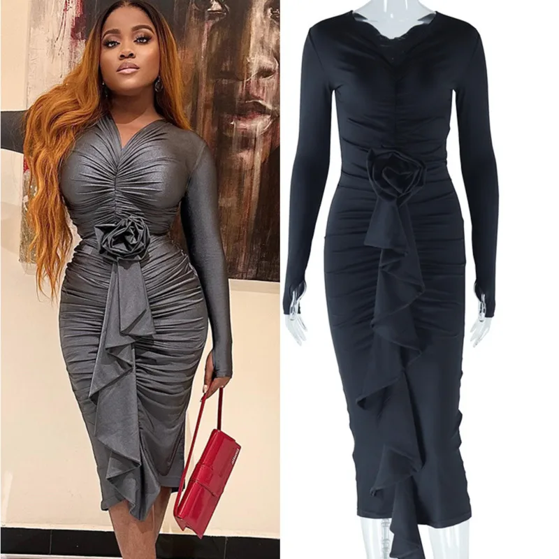 

Women's V-Neck Long Sleeve Bodycon Dress Elegant Rose Waist Design Autumn Winter Slim Midi Gown For Party Clubwear 2025 Outfit