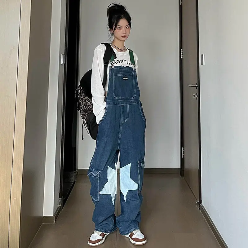 

Модные джинсовые комбинезоны свободного кроя со звездным дизайном для женщин, весна-осень, с высокой талией, прямые джинсы, антивозрастные