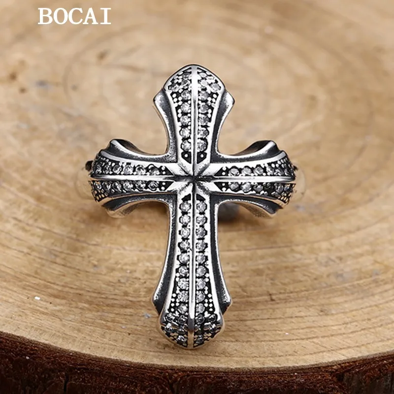 NEW S925 Sterling Silver Ring Retro Trendy Personality Zircon Cross Open Ring Couple Gift