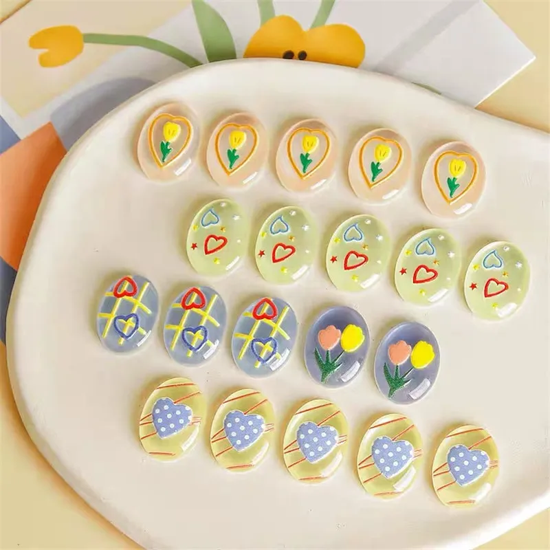 

Spring style 50pcs/lot color flowers pattern print geoemtry ovals shape resin flatback beads diy jewelry earring/hair accessory