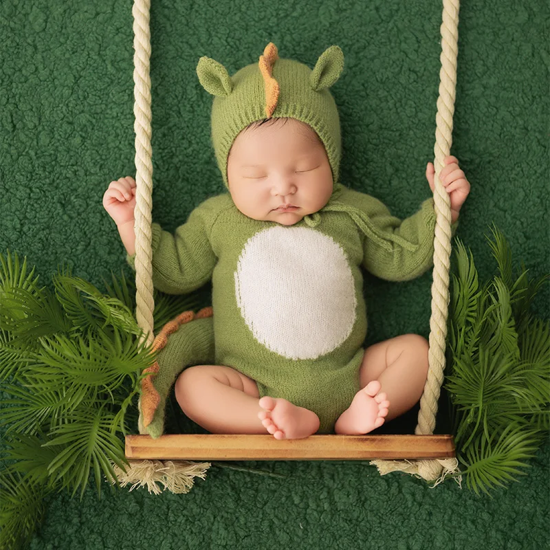 Knit Newborn Photography Outfits Knitted Clothes With Tail Dragon Ear Hat Small Green Dragon Photoshoot Theme Studio Photo Props