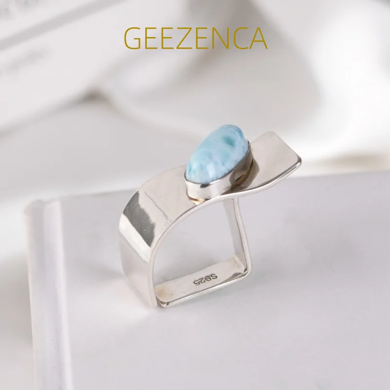 GEEZENCA Unusual Natural Bule Larimar 925 Silver Women's Ring High Quality Irregular Design Gemstone Rings 2021 Summer New Trend