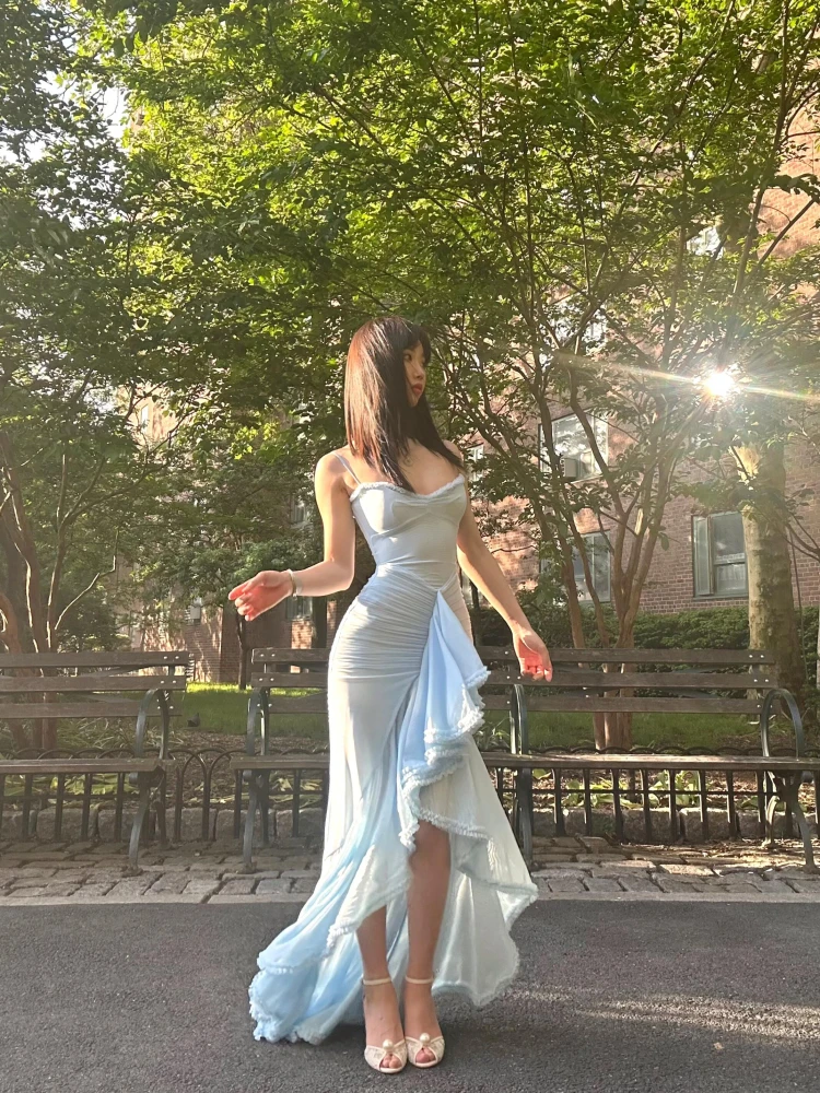 

OUTFlT STUDIO Сексуальное облегающее синее платье без бретелек, длинное женское модное летнее платье в уличном стиле, повседневное элегантное платье