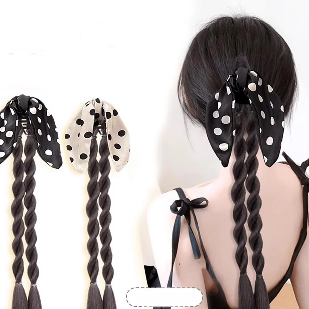 

synthetic Wig New Chinese Style Wave Point Bow Ponytail Hairpin Twists Braid Wig Headdress Extensions