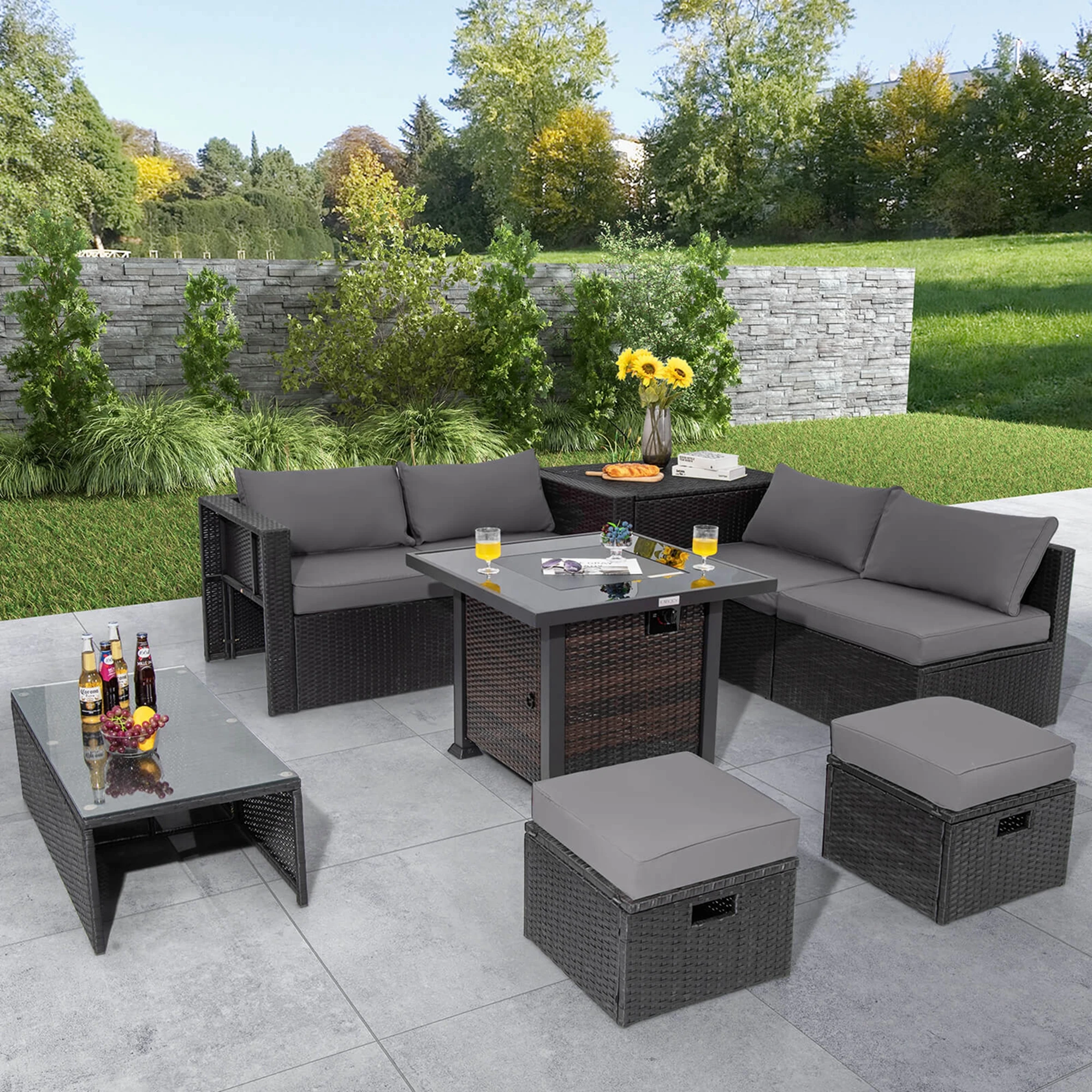 9 PCS Patio Furniture Set with 32" Fire Pit Table 50,000 BTU Square Propane Fire Pit Grey