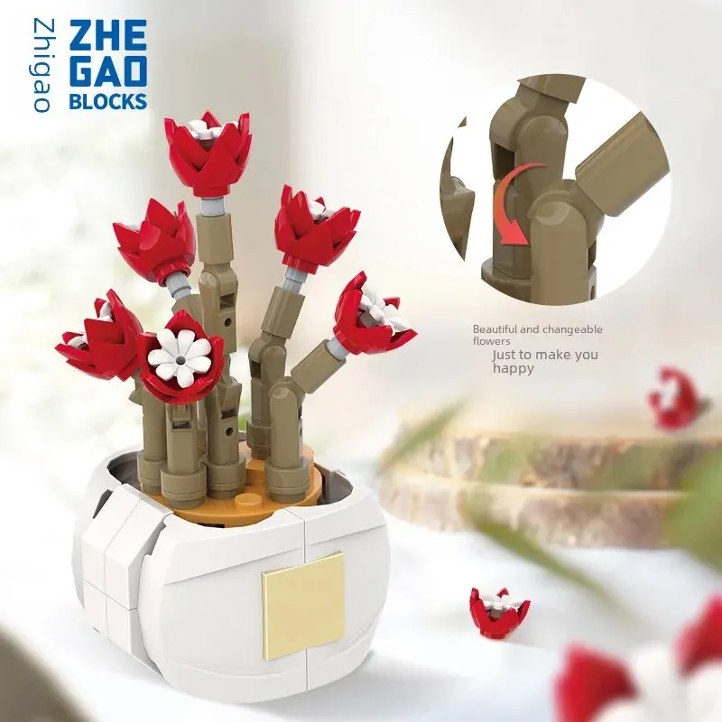 Zhegao Cute Succulent Plant Building Blocks Potted Plant Assembly Toy Small Particle Desktop Ornament For Girls