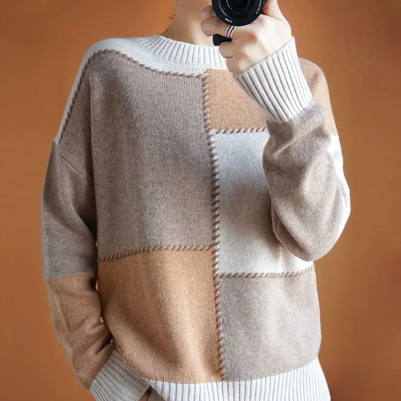 Autumn Winter Women Contrast Color Simple Casual All Match Knitted Sweater Female O Neck Long Sleeve Loose Pullover Tops Jumpers