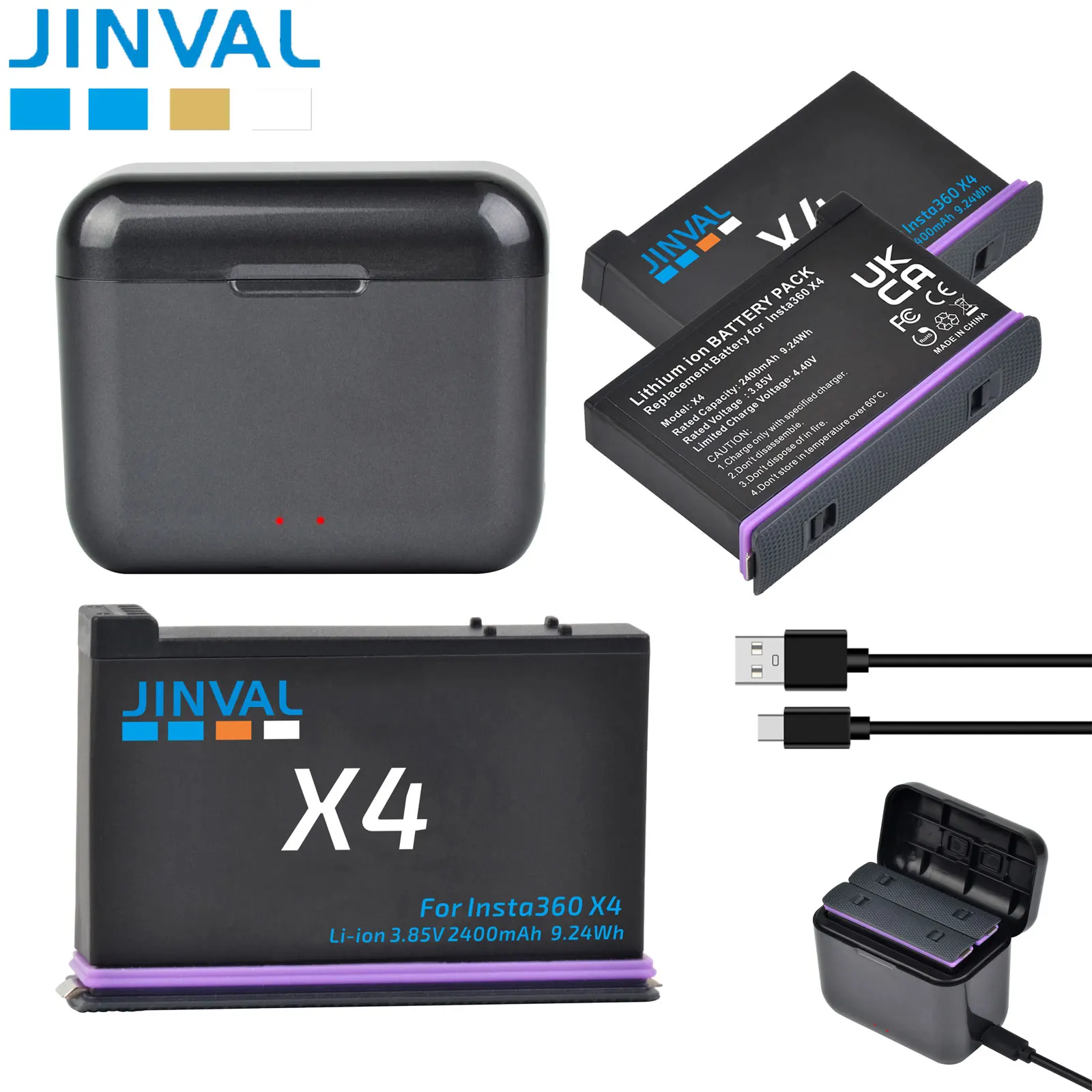 JINVAL For Insta360 X4 Battery 2400mAh Replacement Battery + Fast Charging Dual Charger Case For Insta 360 ONE X 4 Action Camera