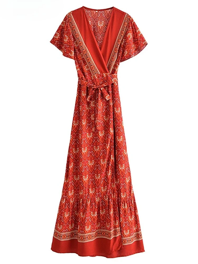Boho Summer Vintage Floral Print Wrap Long Dress Women 2025 Fashion V Neck Bow Tie Sashes Maxi Beach