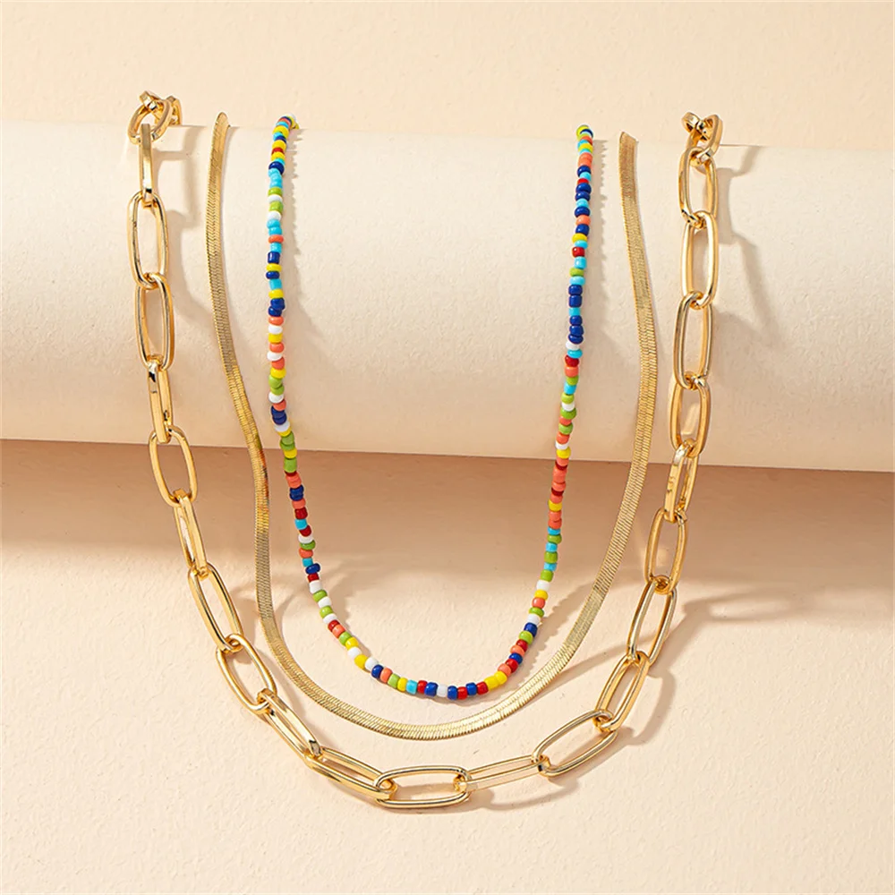 2023 Boho Vintage Punk Multilayer Gold-plate Snake Chains Necklace For Women Female Fashion Color Rice Bead Chain Jewelry Gift