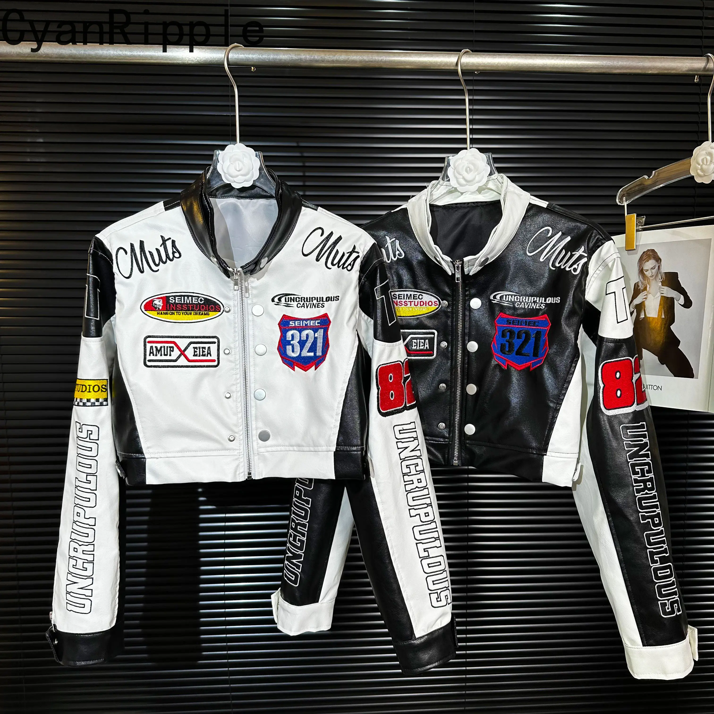 American High Street Colorblock Embroidery Stand Collar Locomotive Baseball Jacket Handsome New Autumn Women Short Leather Coat