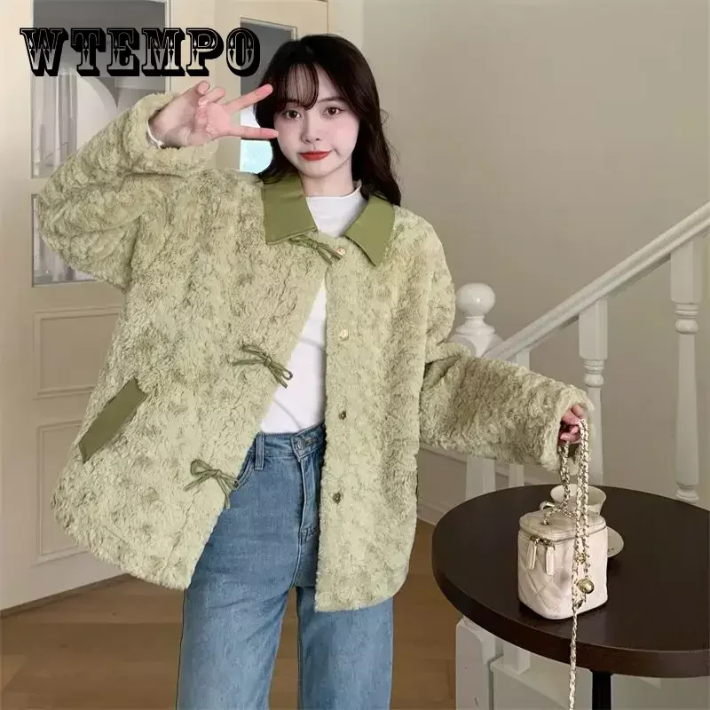 WTEMPO Women's Long Sleeve Fur Jacket Spliced Collar Button Down Plush Cardigan Sherpa Outwear Loose Winter Autumn Clothing