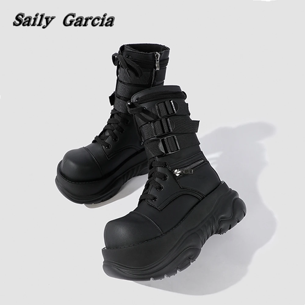 

Black Punk Style Leather Platform Side Zipper Motorcycle Boots Autumn Thick Sole Cool Girl Shoes Round Toe Matte Casual Shoes