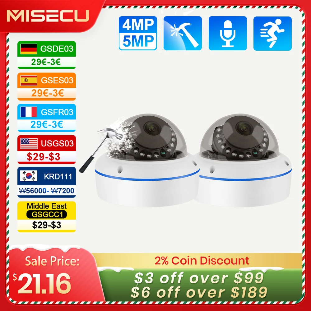 Misecu HD 5MP 4MP H.265 POE IP Camera Home Security Protection 1/2/3/4 PCS Vandalproof Dome Security Home Surveillance Cameras