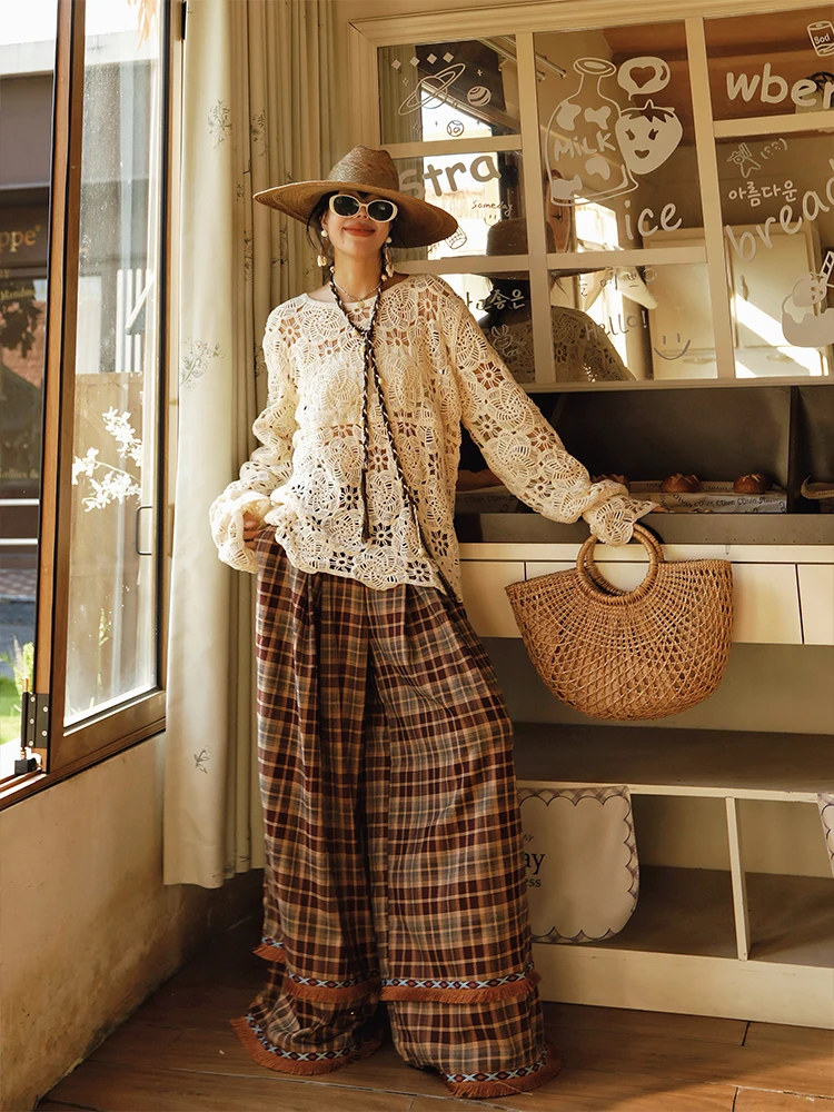 

TIYIHAILEY Wide Leg Long Pants For Women Cotton Trousers Elastic Waist Casual Plaid Ladies Tassels 2025 New Fashion Brown