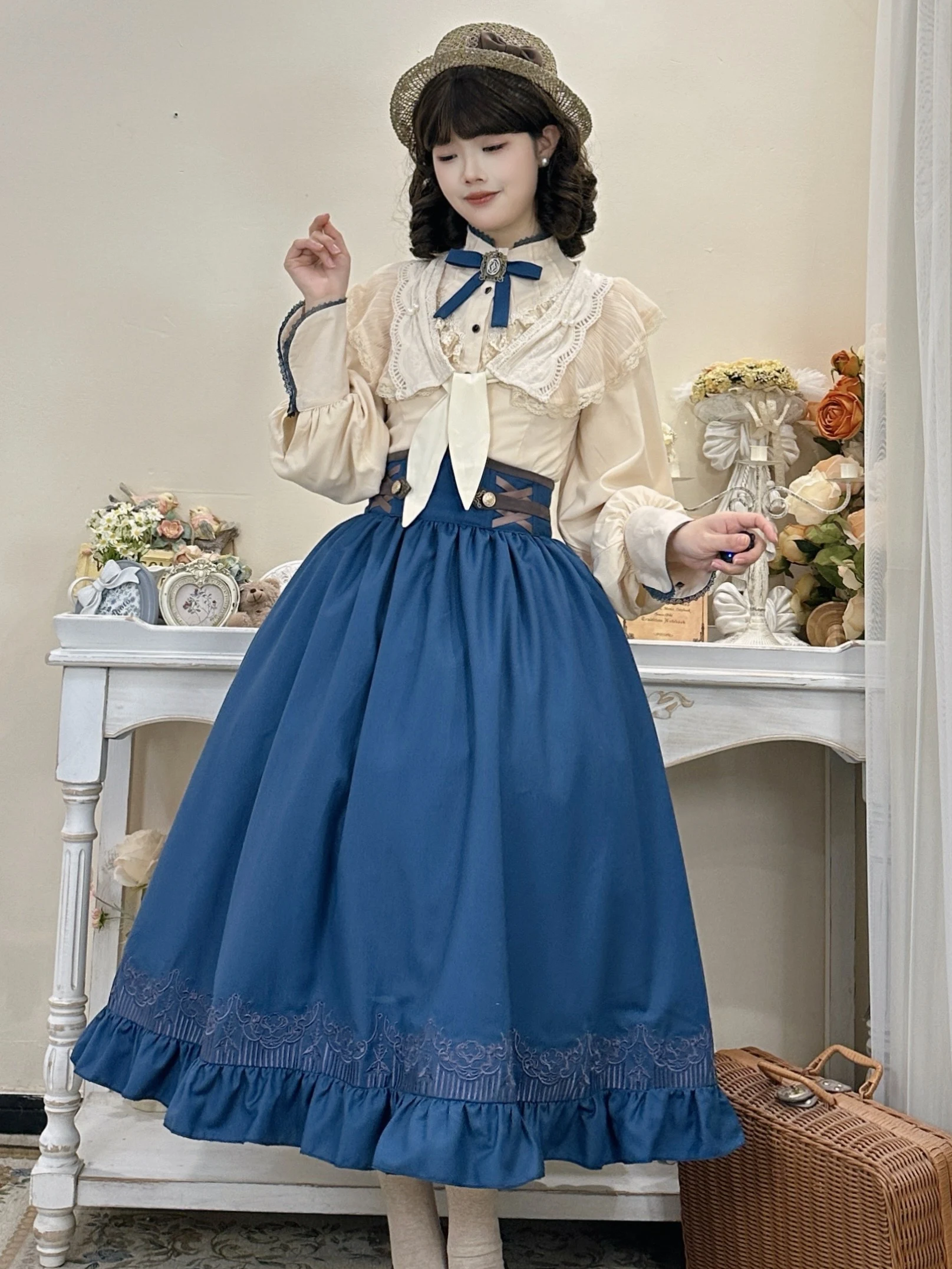 MAGOGO Japanese Court Vintage Style Shirt Shawl Skirt Sets Women Elegant Victorian Long Sleeve Shirt High Wiast Blue Skirt Shawl