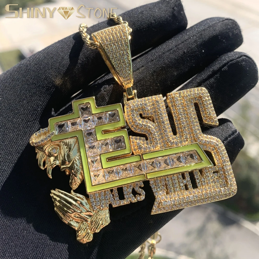 New Jesus Walks With Me Pendant Necklace Iced Out Bling CZ Gold Color 5A Zircon Enamel Fluorescenc Chamr Men's Hip Hop Jewelry