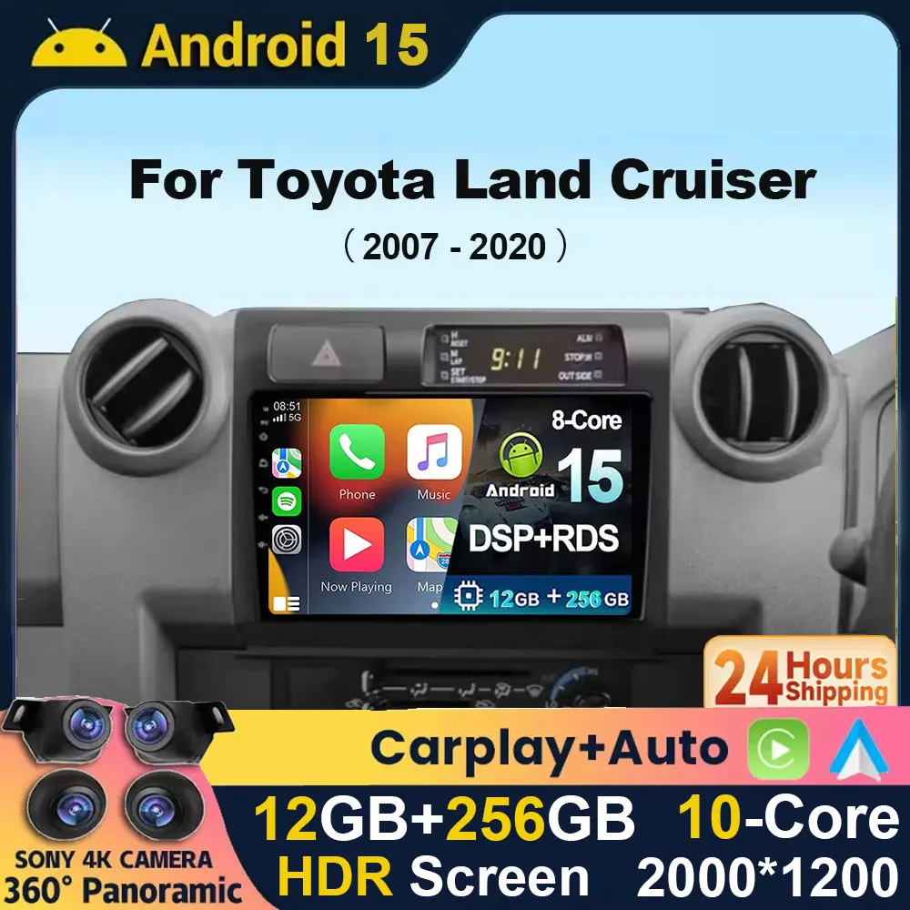 راديو سيارة أندرويد 15 2K لاسلكي CarPlay لسيارة تويوتا بيك اب لاند كروزر LC 70 79 Series 2007-2020 4G WIFI BT GPS الوسائط المتعددة