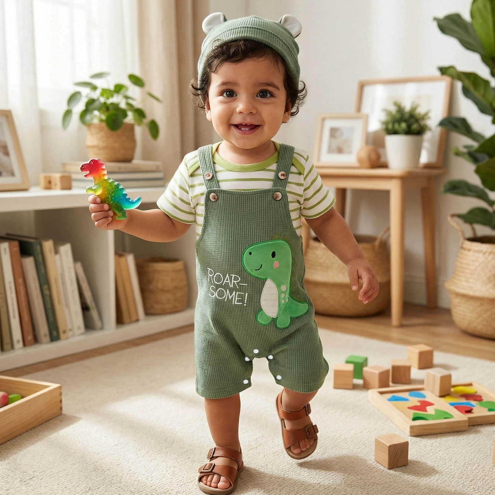 

Baby Summer Clothes Stripe Print Short Sleeve Romper Animal Embroidery Overall Pants and Hat 3Pcs Outfit