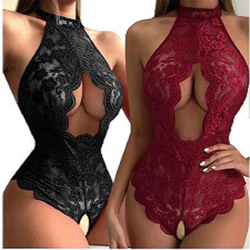 Sexy Crotchless Lingerie Women Lace Hollow Tights Erotic Costumes Doll Socks Deep V Open Bra Sexy Body Stockings Exotic Apparel