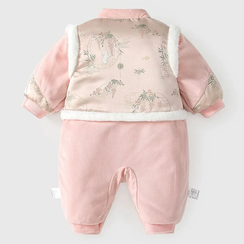 2026 New Winter Infant Girls Clothes Chinese Style Pink Cute Warm Fleece Thick Print Baby Romper Jumpsuits Newborn Items B364