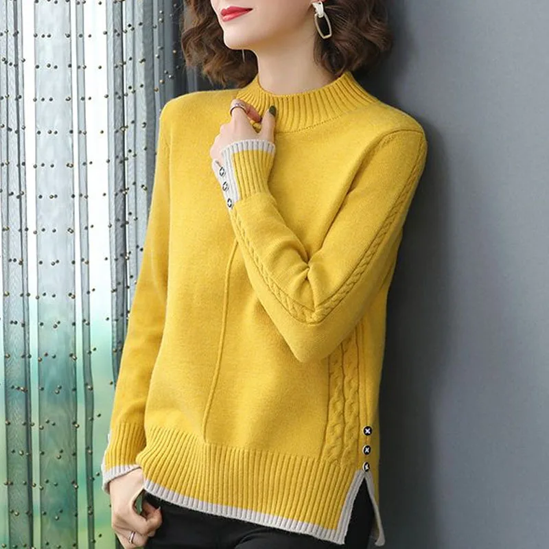 New Autumn Winter Fashion Trend Half High Collar Colored Split Loose Versatile Simple Commuter Style Women\'s Knitted Sweater