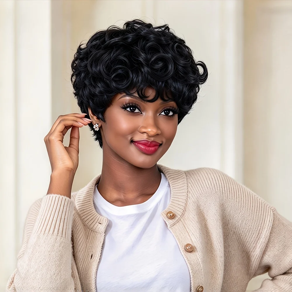 8 Inch 150% Density Pixie Curly Wig for Women, Brazilian Human Hair Black Short Curly Wig with Long Curly Bangs Machine Made Wig