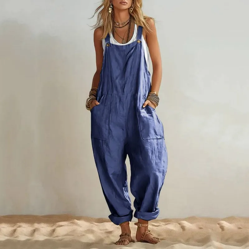 Women Solid Pocket Loose Sleeveless Adjustable Strap Linen Overalls Casual Jumpsuit view 3