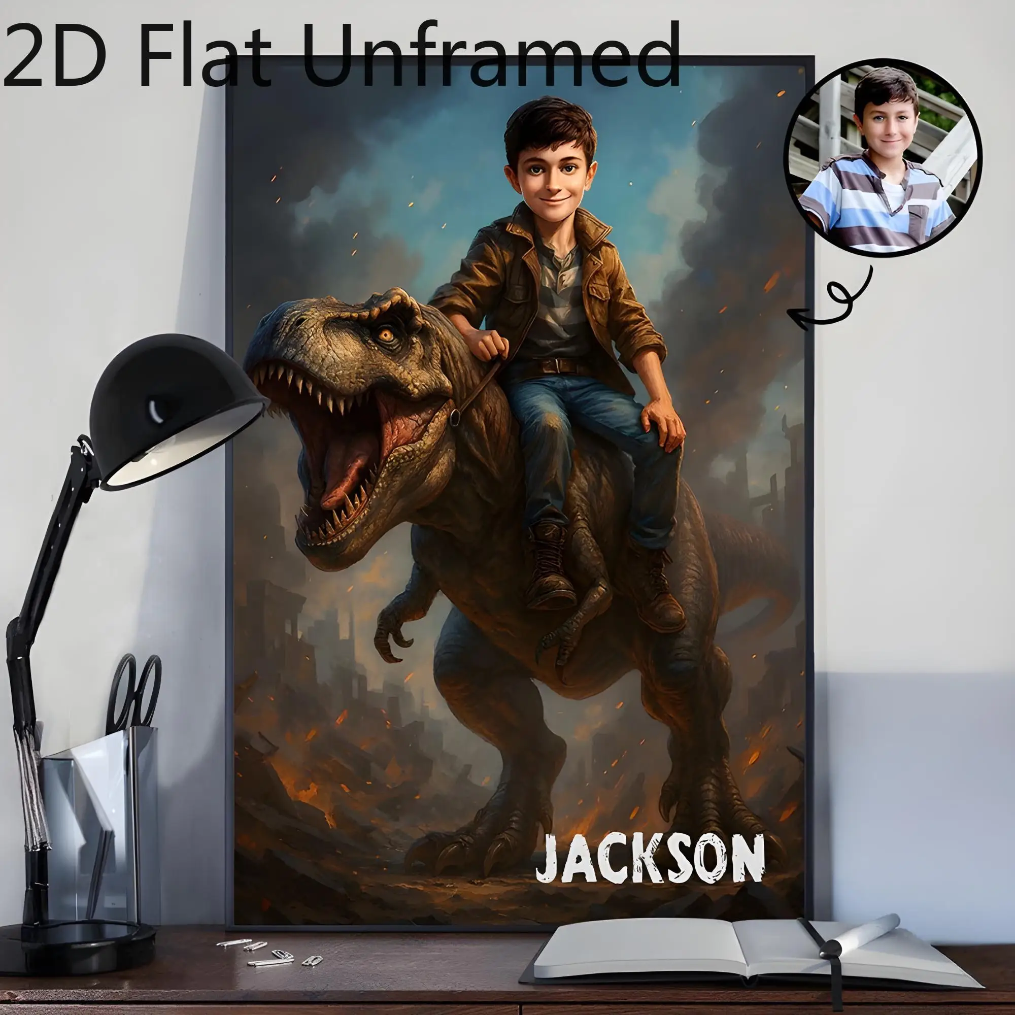 Custom Kid Riding Dinosaur Canvas Painting, Personalized Boy Photo Portrait,Custom Name Wall Art Poster,Unframed Kids Room Gift