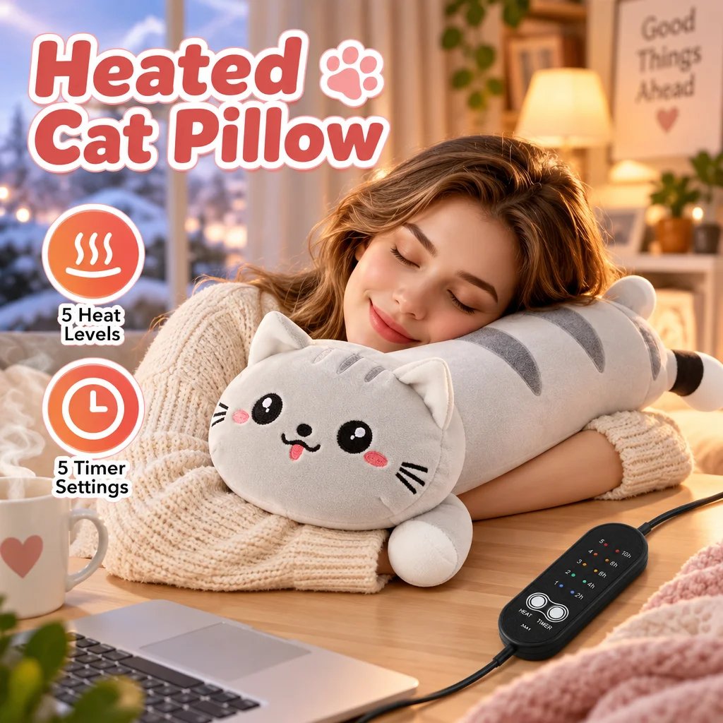 Coussin Chauffant Chat Mignon USB Peluche Douce 5 Niveaux de Chaleur 5 Minuteries Lavable Cadeau Mignon pour Cou Dos Ventre Femmes Filles Enfants Bureau Maison Voiture 5V 10W Chauffage Corporel pour Hiver Confortable
