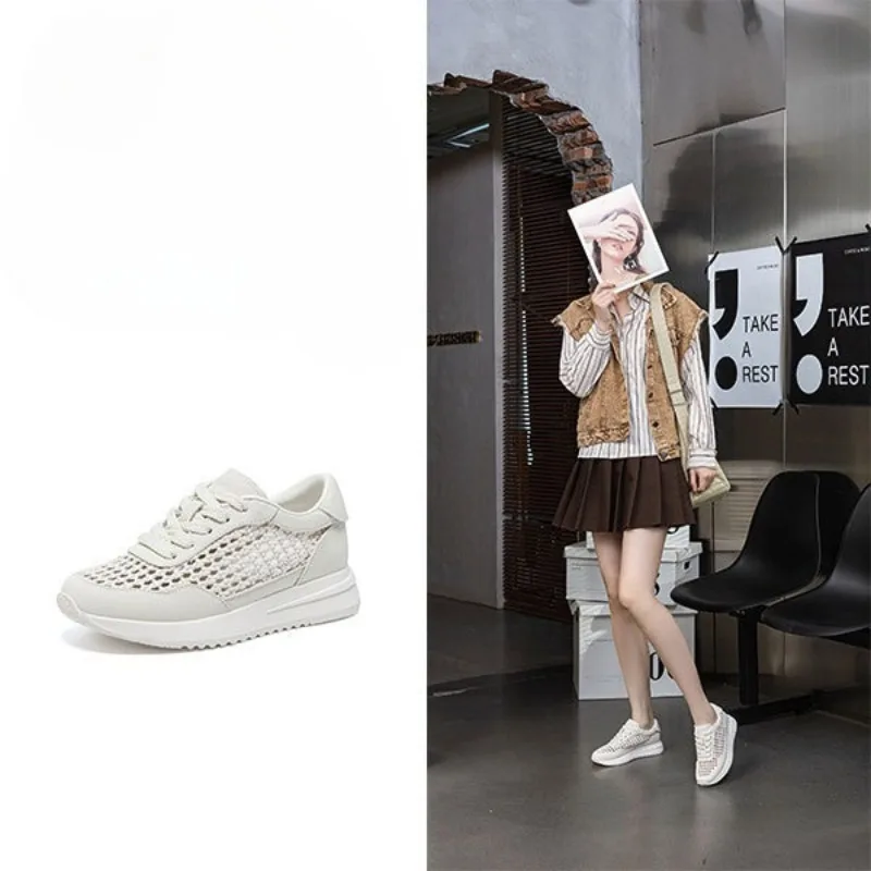 

Leather Mesh White Shoes Women's Summer New Breathable Skirt Forrest Gump Platform Mesh Sneakers Lace-up