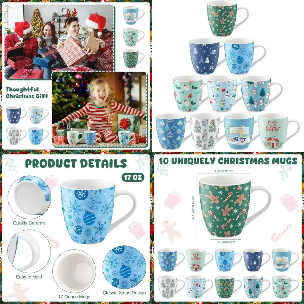 

Набор из 10 керамических кружек «Зимняя страна чудес» со снежинками на 17 унций — синие рождественские подарки для праздничных вечеринок и офисного декора