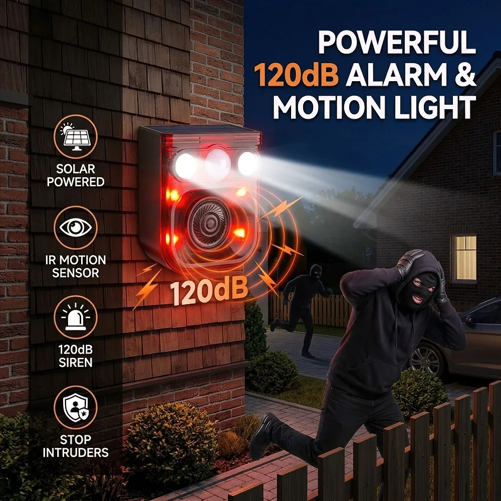 Solar Motion Sensor Security Alarm 120dB Siren with 10 Sounds IP55 Waterproof LED Strobe for Farm Garden Yard Outdoor Protection
