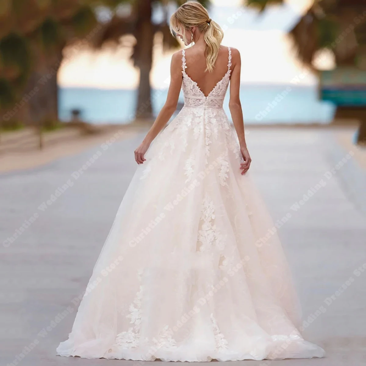 Neueste Elfenbein Brautkleider mit eleganten sexy rücken freien Ballkleid 2024 ärmellose funkelnde Pailletten Perlen Frauen Vestidos de Novia