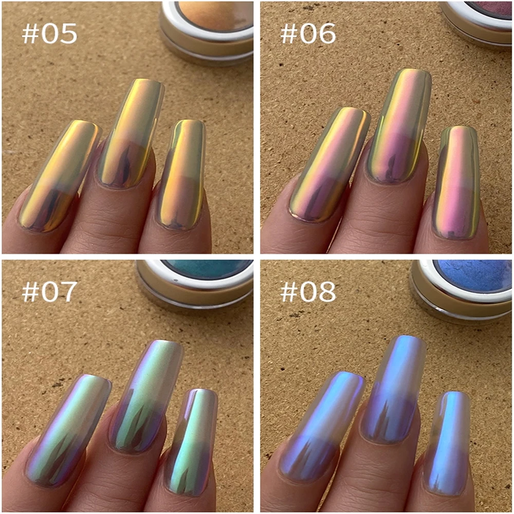 Polvo de espejo mágico Aurora galvanizado, 9 colores, brillo camaleón holográfico dorado, efecto cromado para decoración de uñas de esmalte de Gel
