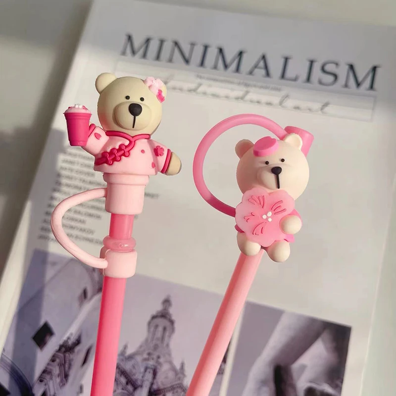 Cute Bear Straw Cover Dust Cap Silicone Kawaii Cherry Straw Toppers For Tumbler Pink Drinking Charm Decor Cover For 7-8mm Straws