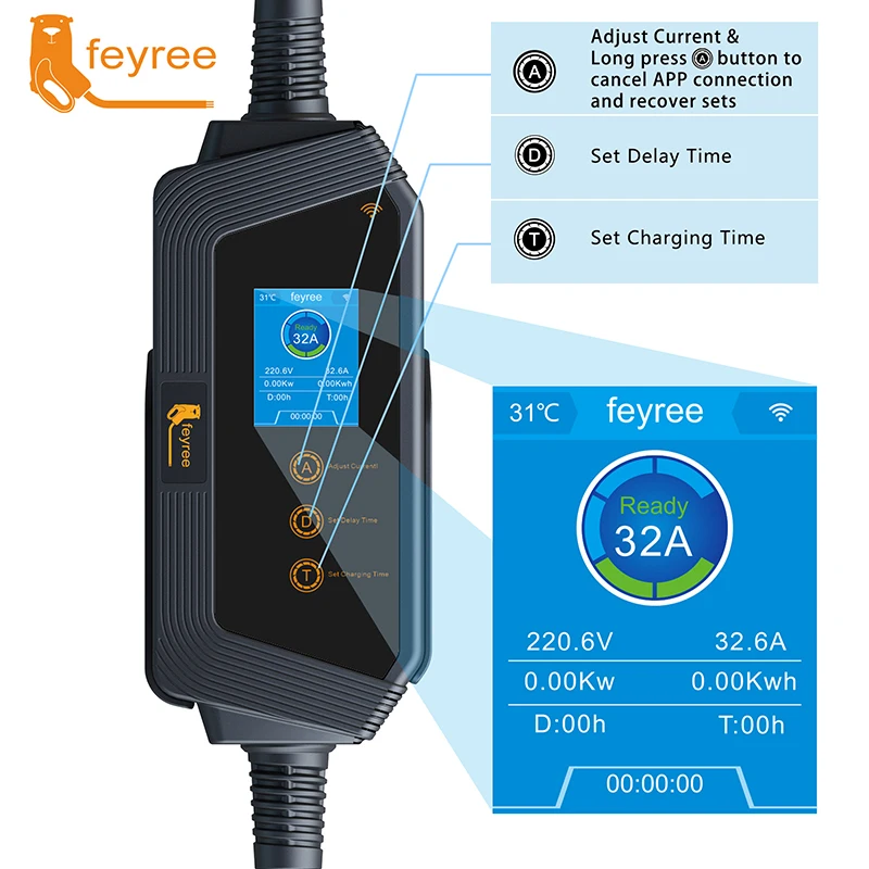 feyree 50A 12KW Type1 Portable EV Charger 1 Phase J1772 Socket with 14-50 Plug 5m Cable Current Adjustable Charging Box Holder