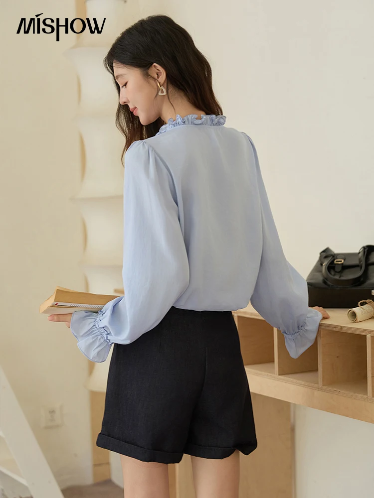 MISHOW 100% Lyocell Kemeja Wanita Biru 2025 Musim Gugur Ruffle Prancis Lengan Panjang Ikat Pinggang Blus Kantor Wanita Elegan Atasan MXE45X2484